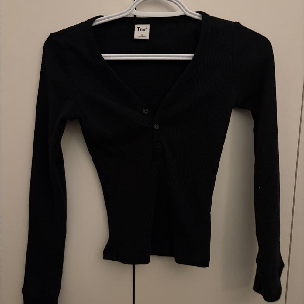 TNA Black Henley Waffle Knit Top